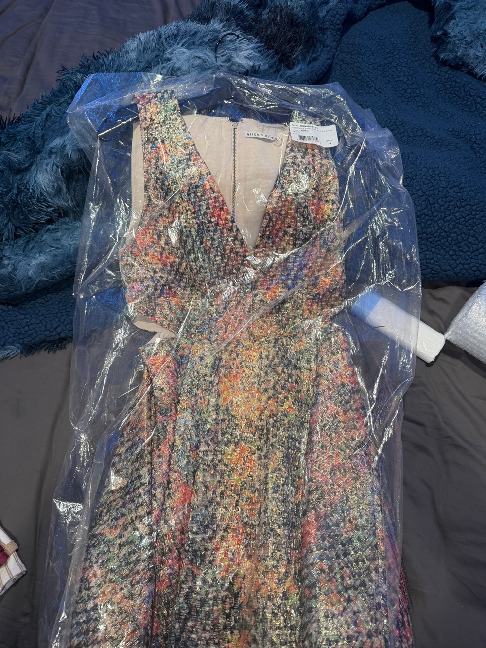 Alice + Olivia Multicolor Tweed V-Neck Prom Dress